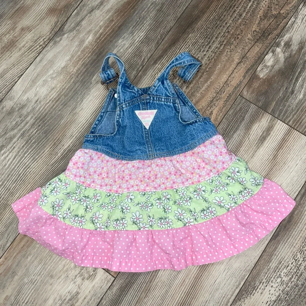 OshKosh B'gosh‎ Girls 18 Month's Denim Bib Overall Dress Ruffled Floral Cotton